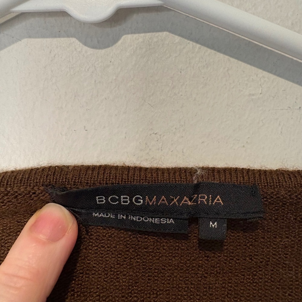BCBGMAXAZRIA Knit Top Womens Medium Brown V-Neck Belted Wool Blend Bell Sleeve - Picture 4 of 8
